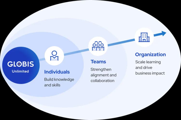 Diagram illustrating GLOBIS Unlimited's progression from Individuals building skills to Teams improving collaboration, up to Organizations scaling learning.