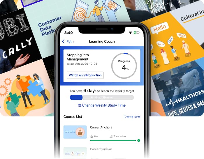 Smartphone displaying an e-learning dashboard with course progress, study targets, and a course list.