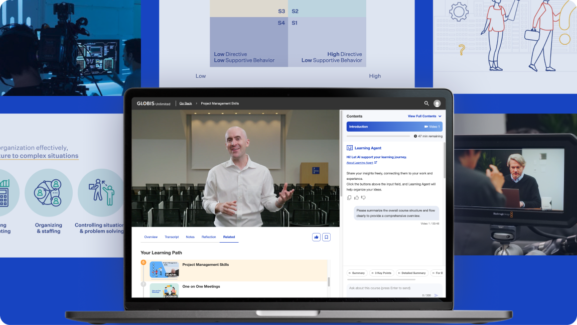 Laptop displaying an e-learning video lesson with course materials and behind-the-scenes production scenes in the background.