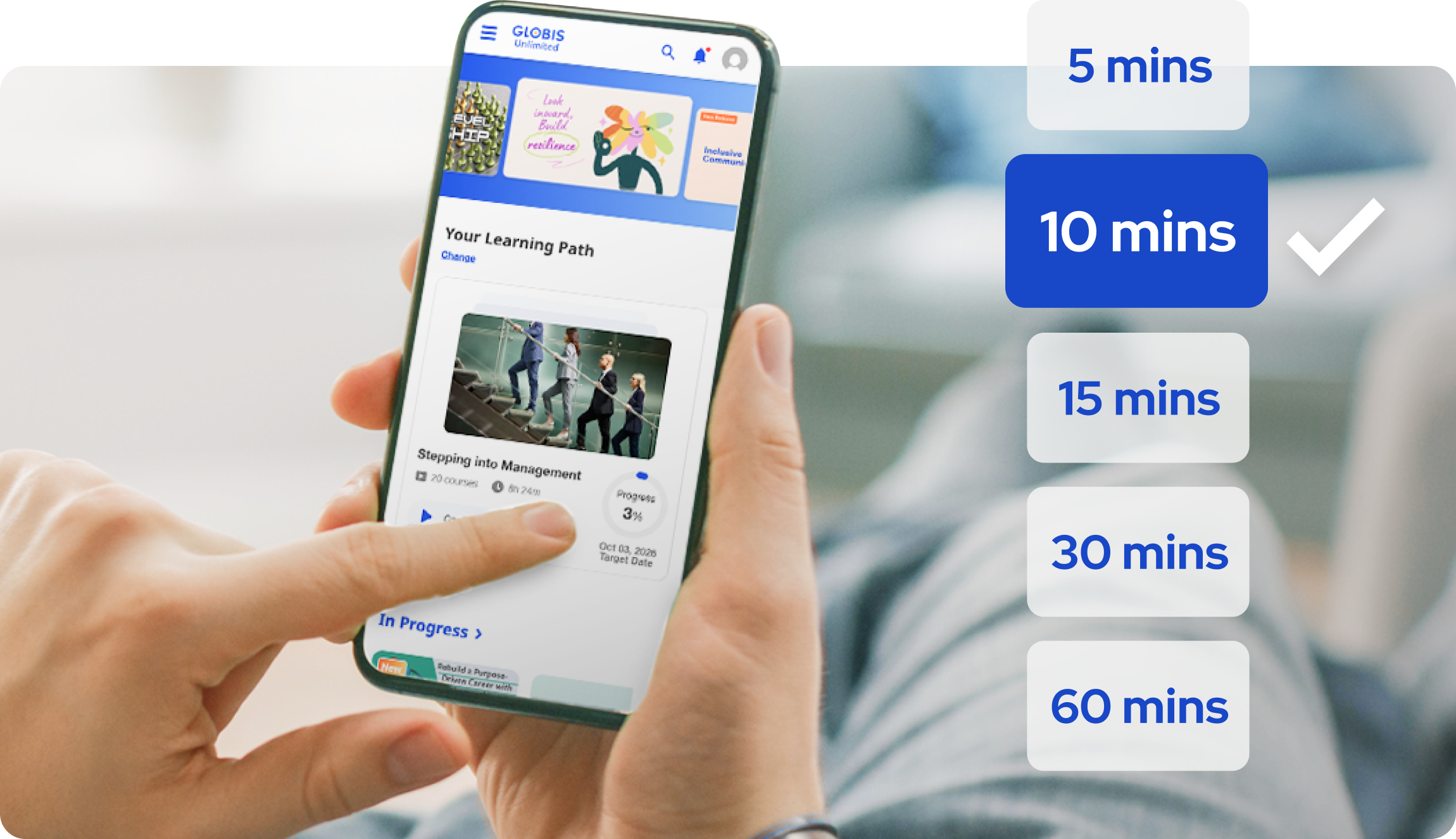 Smartphone displaying an e-learning app next to study time options ranging from 5 to 60 minutes.