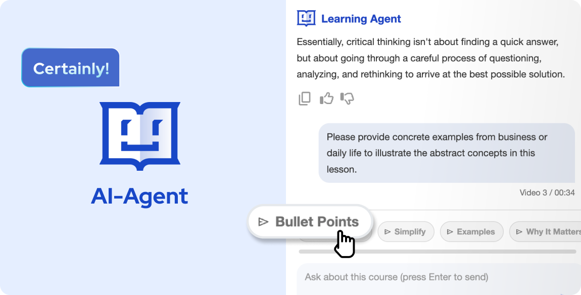 AI Learning Agent interface demonstrating interactive chat features, quick prompt buttons like "Bullet Points", and explanatory responses.